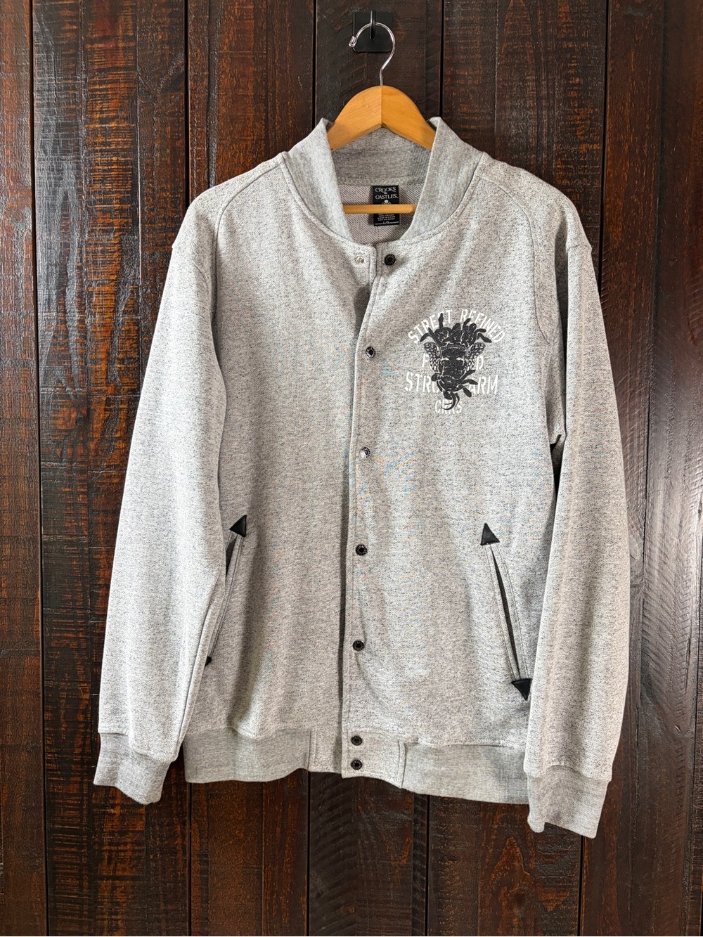 Crooks & Castles Mens Street Refined Varsity Bomber Cotton Jacket Grey L
